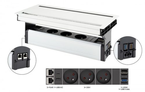 VersaFlap dual 2.0, 3x 230V, 2x RJ45, 1x HDMI, 1xUSB A/C, 1xUSB data, fehér matt